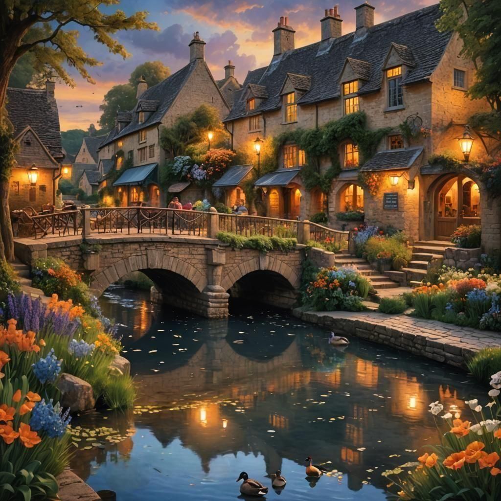 Charming Cotswold Street Scene with River and Bridge