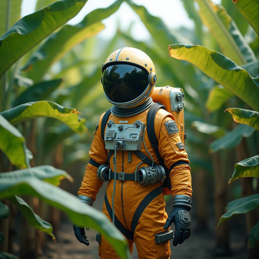 Astronaut Explores Banana Plant in Surrealist Style