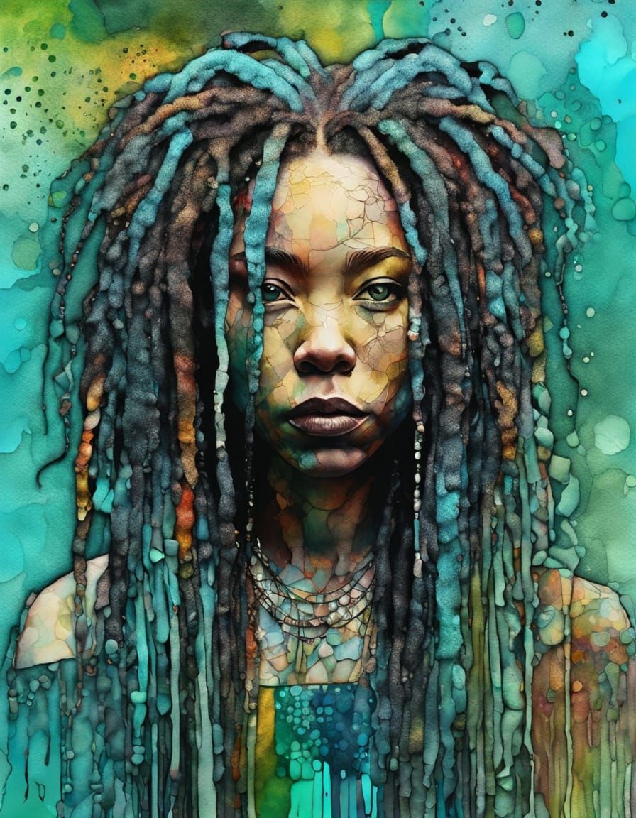 Vibrant Woman with Aqua Dreadlocks in Triadic Cinematic Colo...