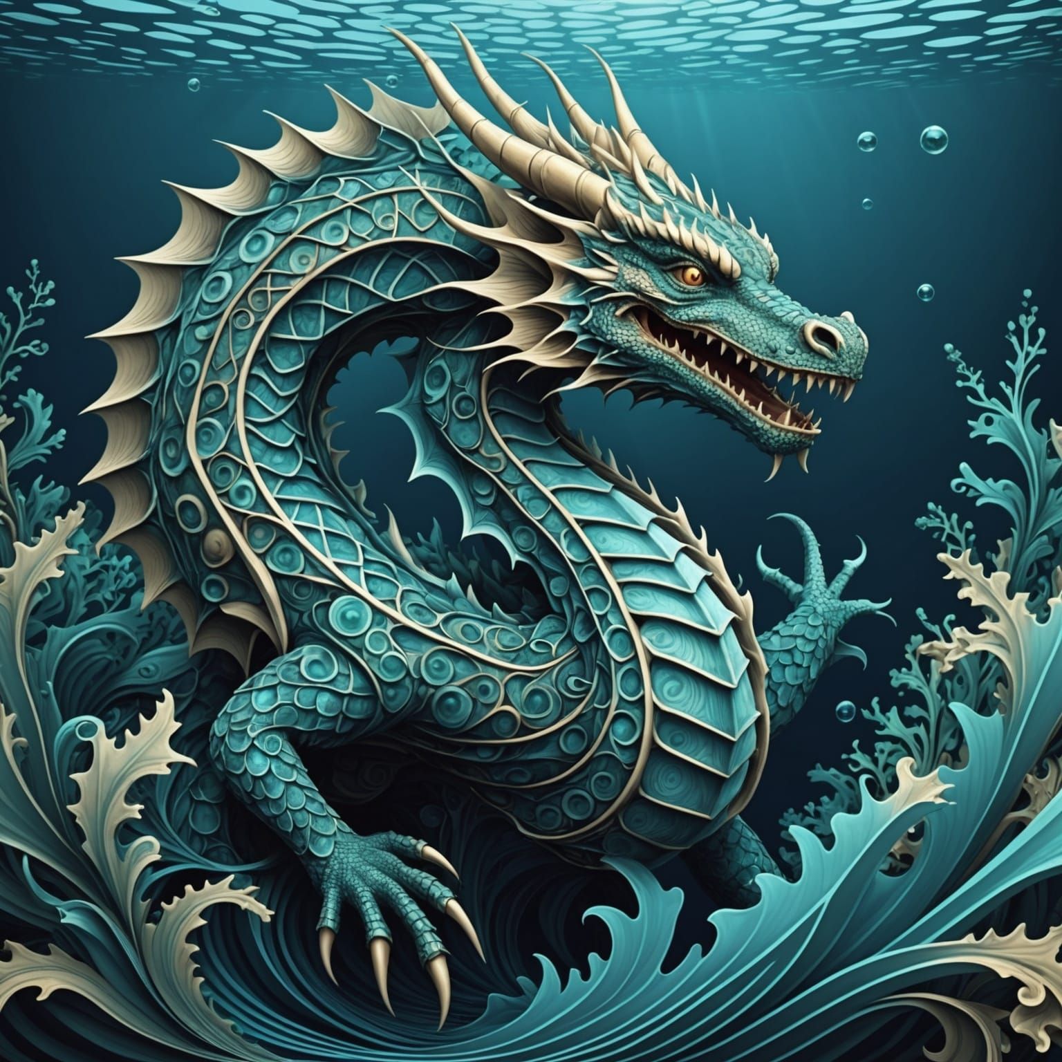 Underwater Dragon with Abstract Fractal Design