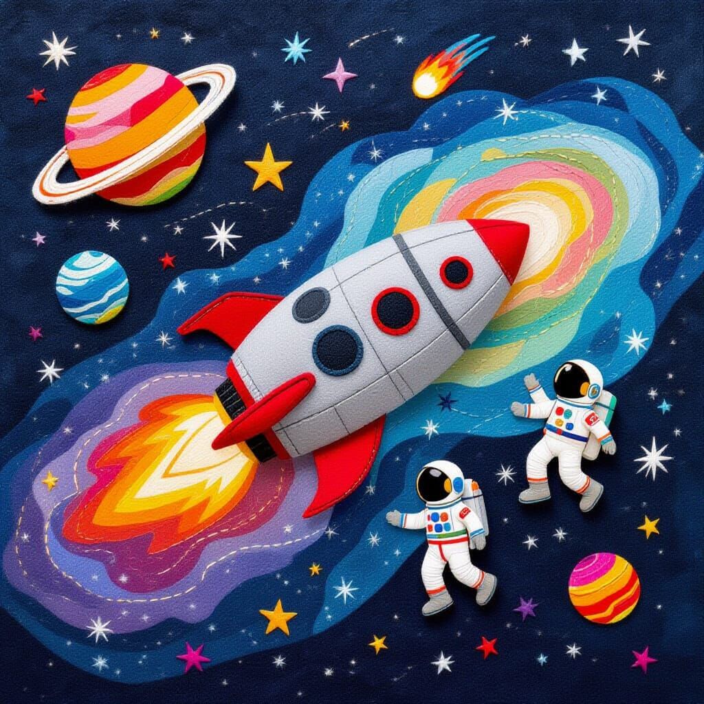 Felt Spaceship Soaring Through a Colorful Galaxy