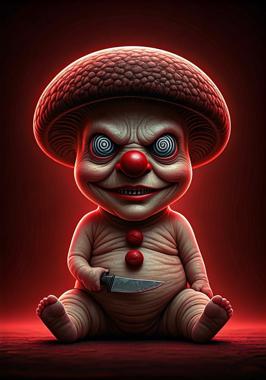 Adorable Mushroom with Knife in Dark Surrealism Style