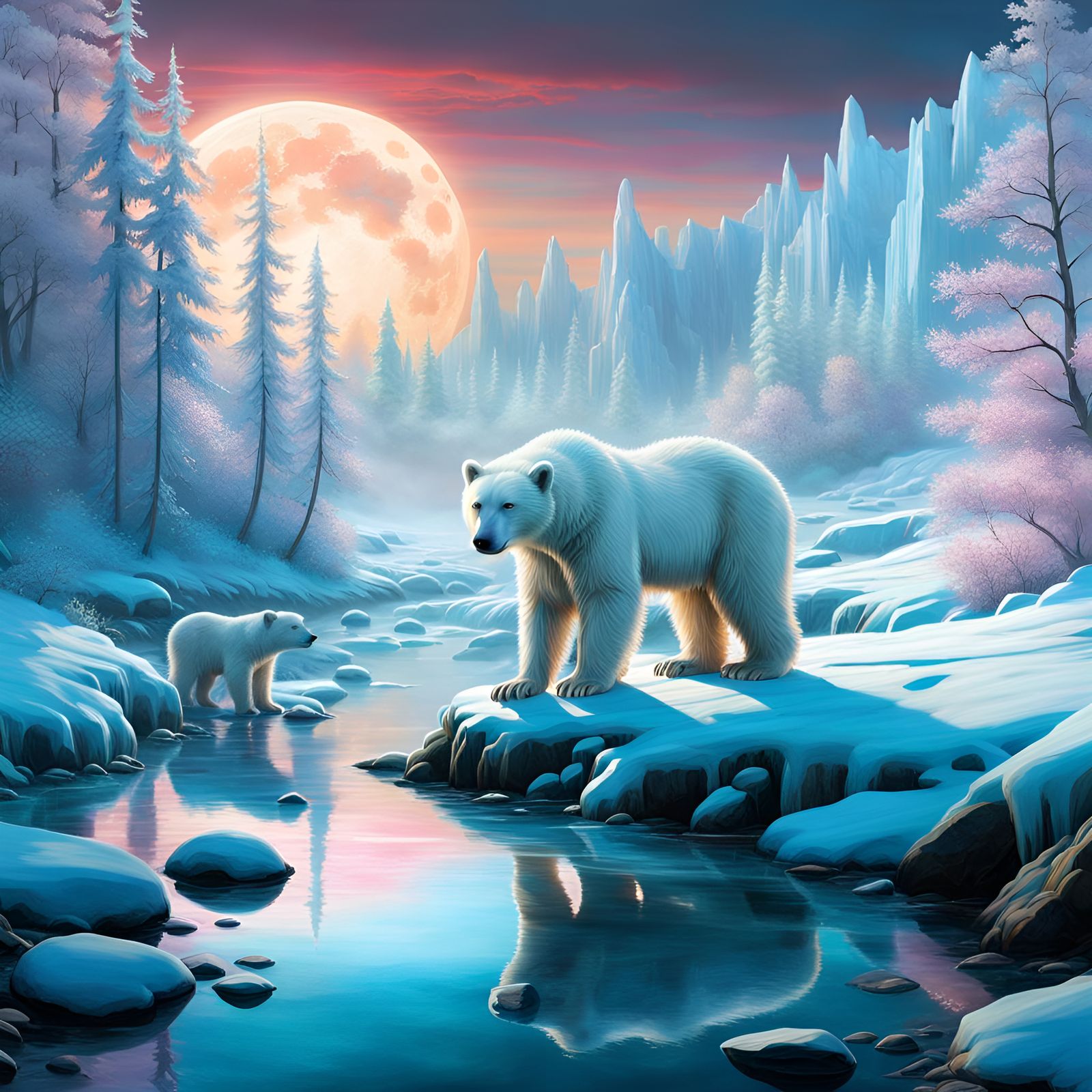 Crystal Arctic Moonset: Polar Bear Cubs in Fantasy
