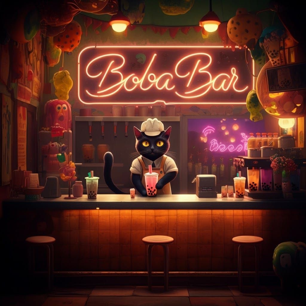 Black Cat Boba Bar in Hyperrealistic Style