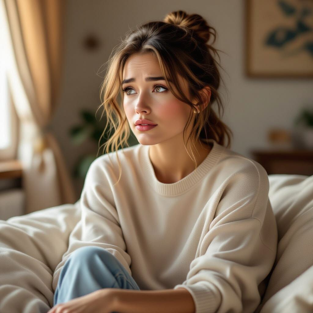 Concerned Woman in Serene Interior, Digital Art