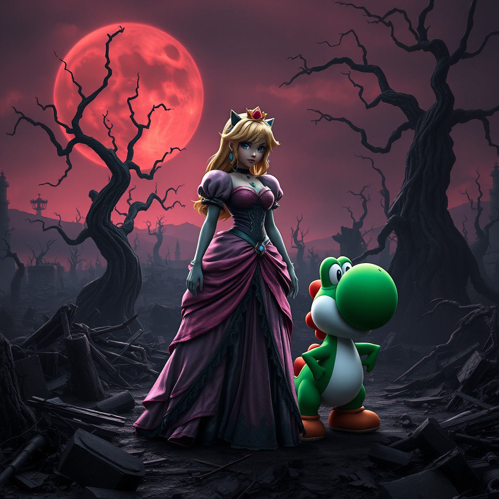 Princess Peach and Yoshi in Post-Apocalyptic Ruins