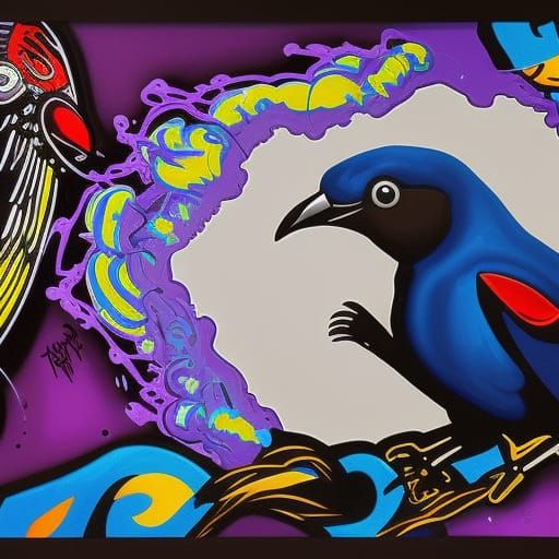 Polychromatic Bowerbird in Graffiti Art Style