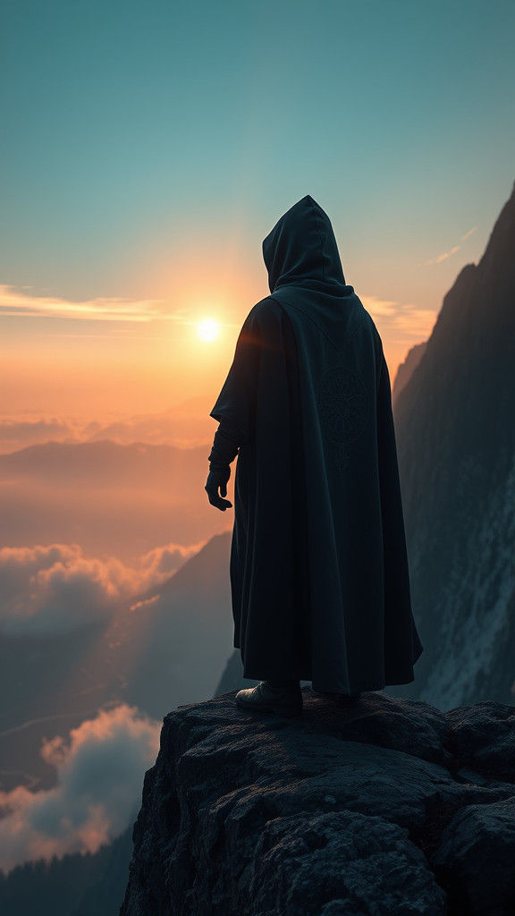 Ethereal Figure on Mountain Cliff in Cinematic Style