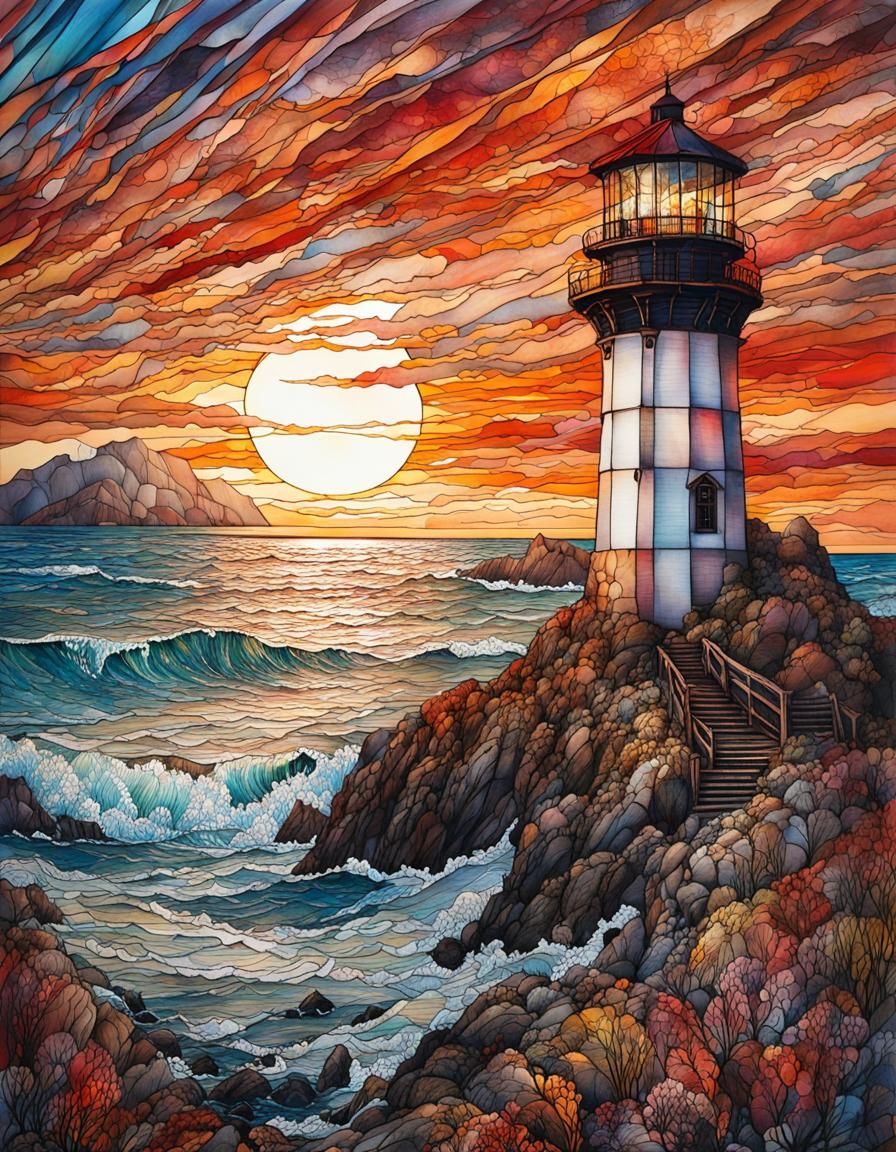 Coastal Lighthouse Sunset in Cubist Style
