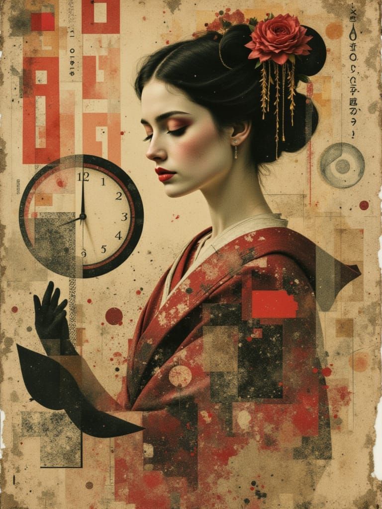 Atomic Age Geisha Poster in Kitsch Retro-Futuristic Style
