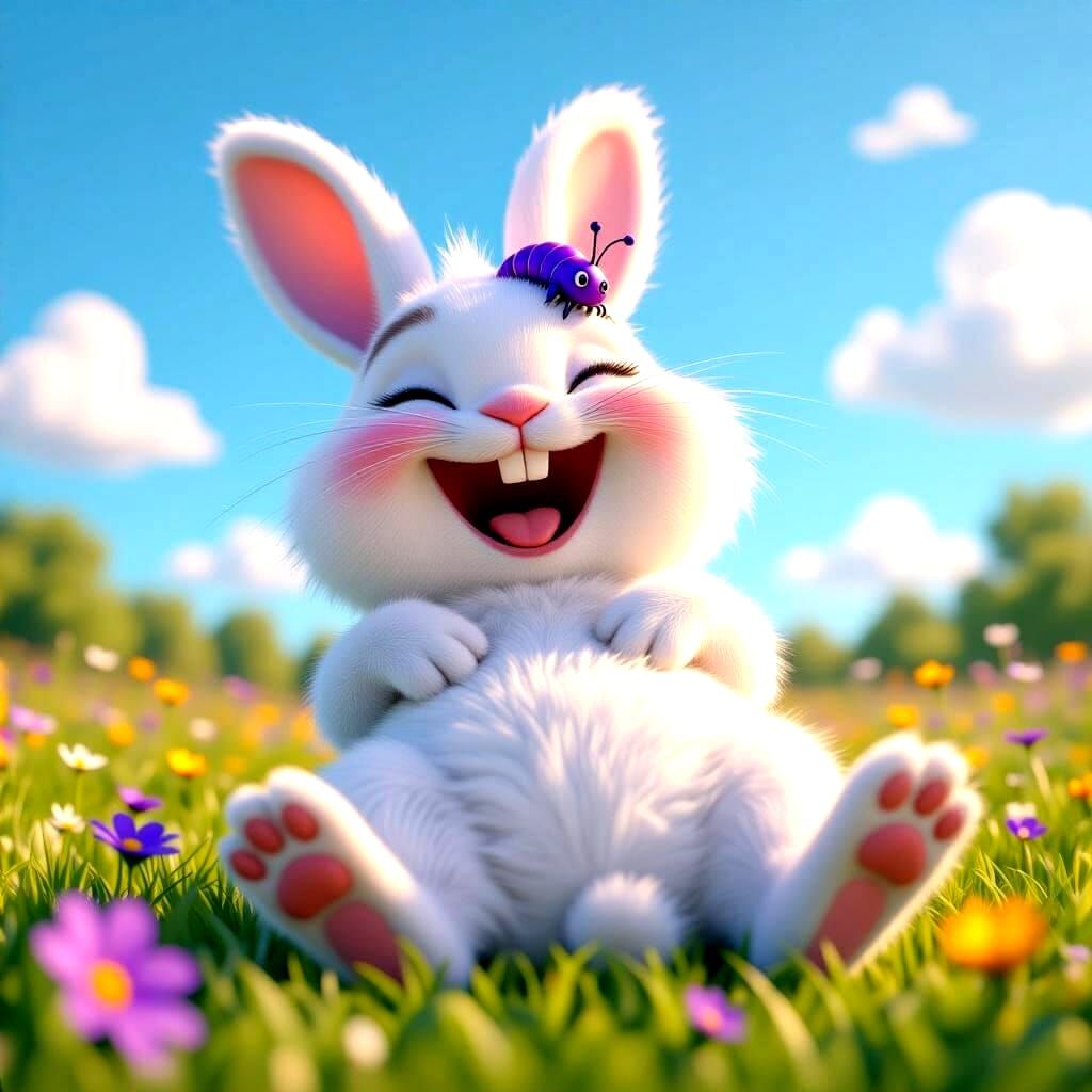 Laughing Bunny with Caterpillar, Pixar-Style 3D Render