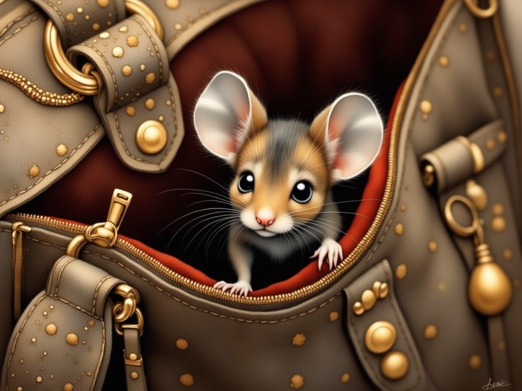 Whimsical Mouse Escapes from a Luxurious Handbag