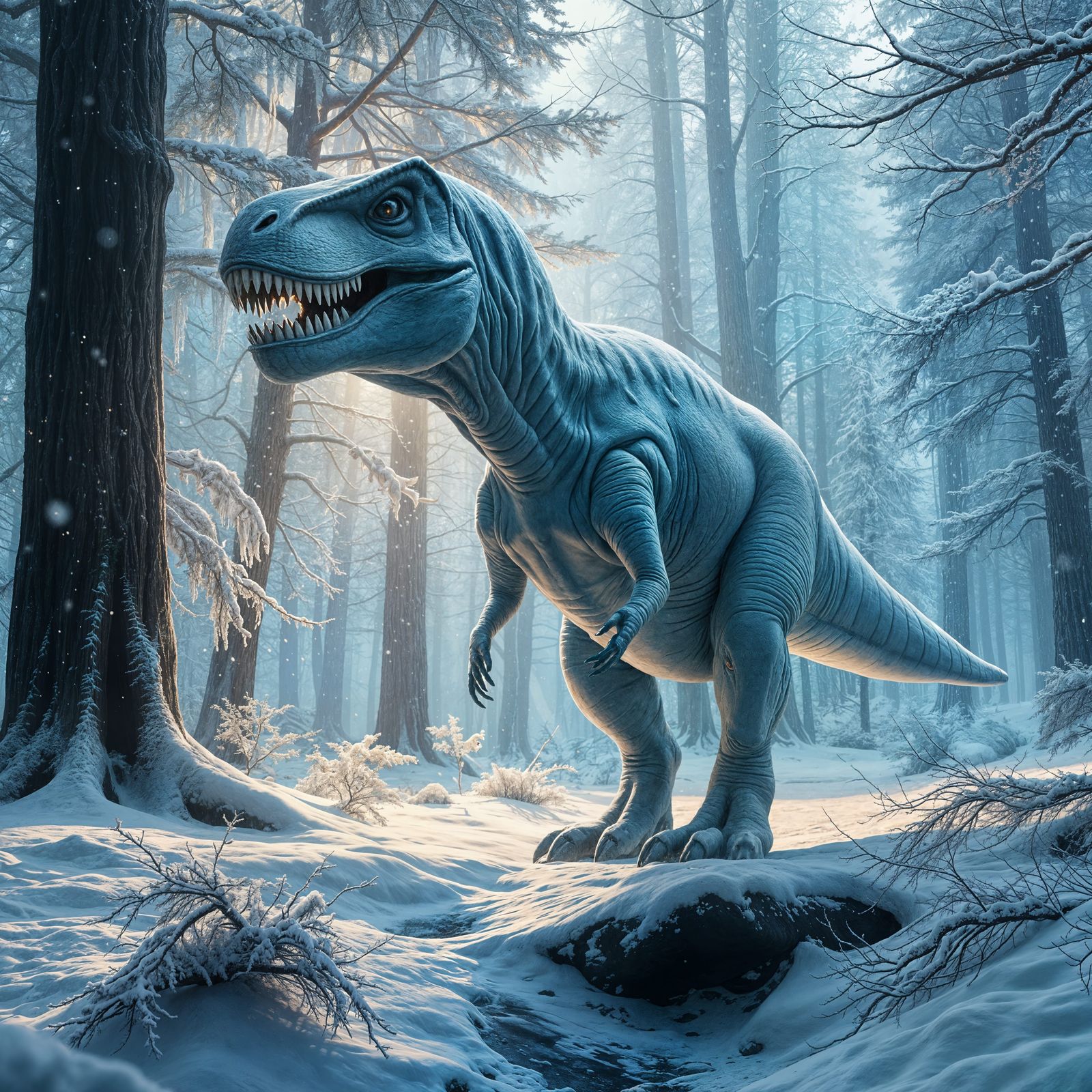 Majestic White Dinosaur in Snowy Forest, Fantasy Concept Art