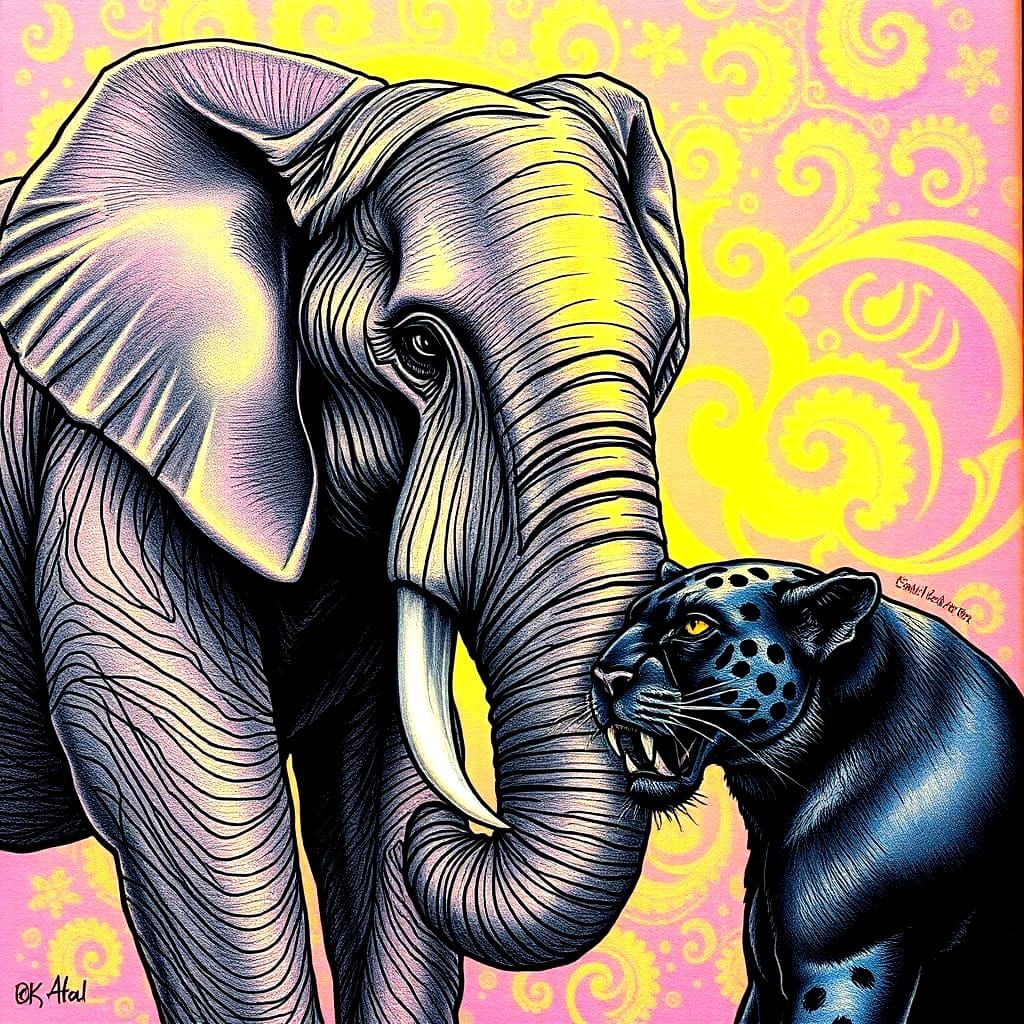 Elephant and Panther Love: Fine Line Drawing