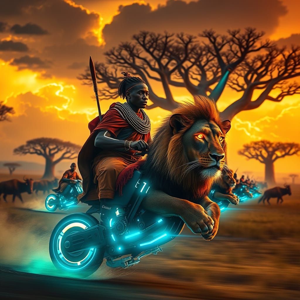 Cyberpunk Maasai Warriors Ride Neon Hoverbikes Across Biolum...