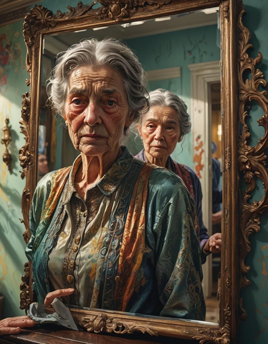Woman's Reflection Transforms to Old Age, Hyperrealistic Spl...