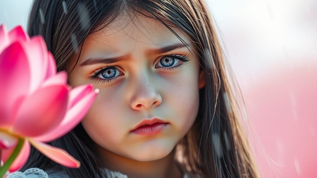Violet-Eyed Girl in Rain of Lotus Flowers