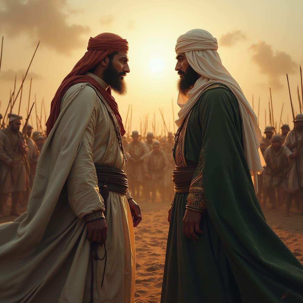 Intense Battle Scene: Islamic Figures in Digital Art Style