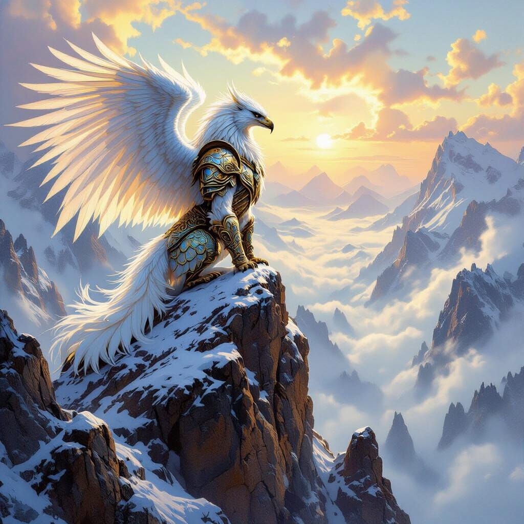 Griffin Perched on Snow Mountain in Fantasy Style