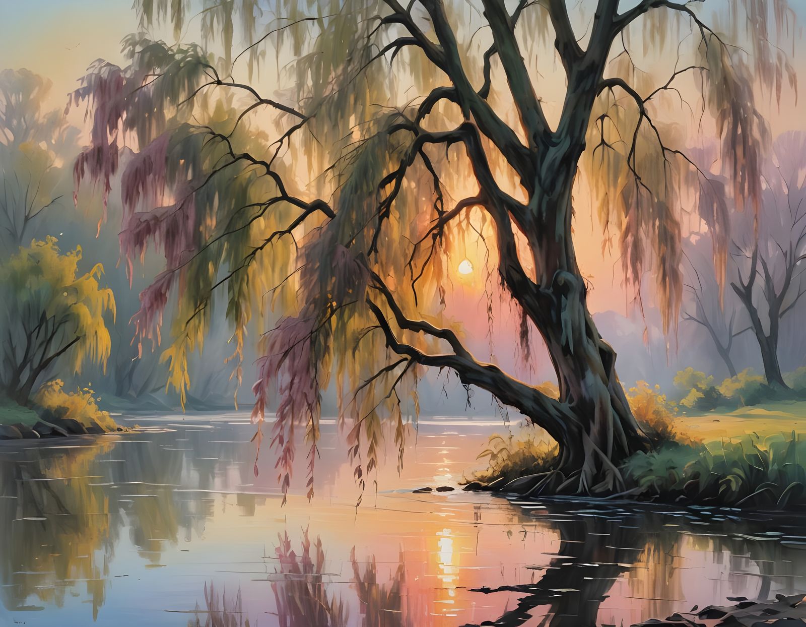 Willow Weeping by River at Sunrise