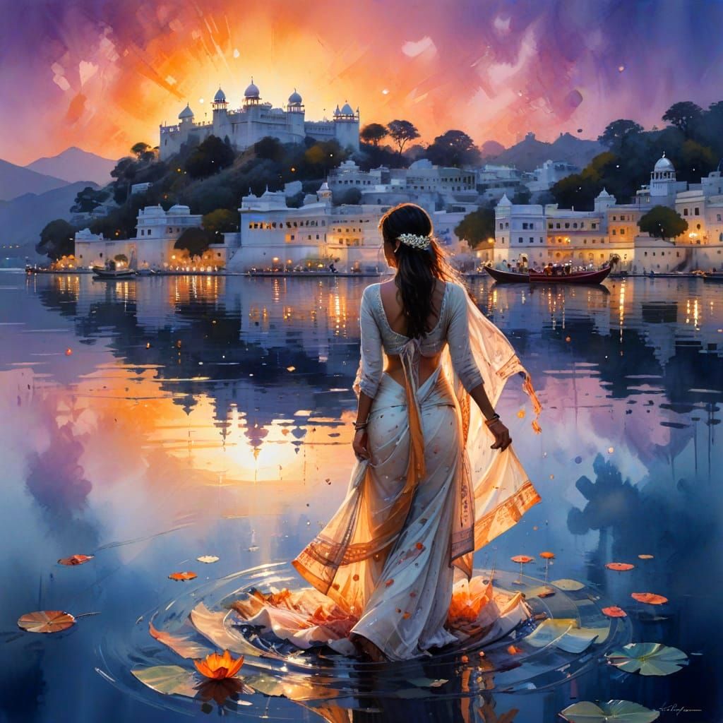 Romantic Lakeside Cityscape at Twilight in Udaipur