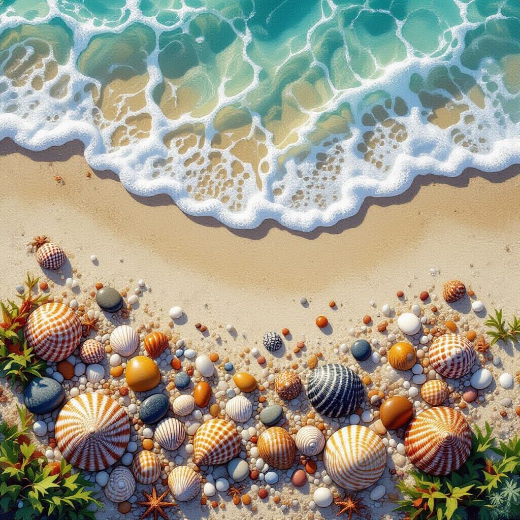 Ocean Shore Top View with Shells: Hyper-Realistic