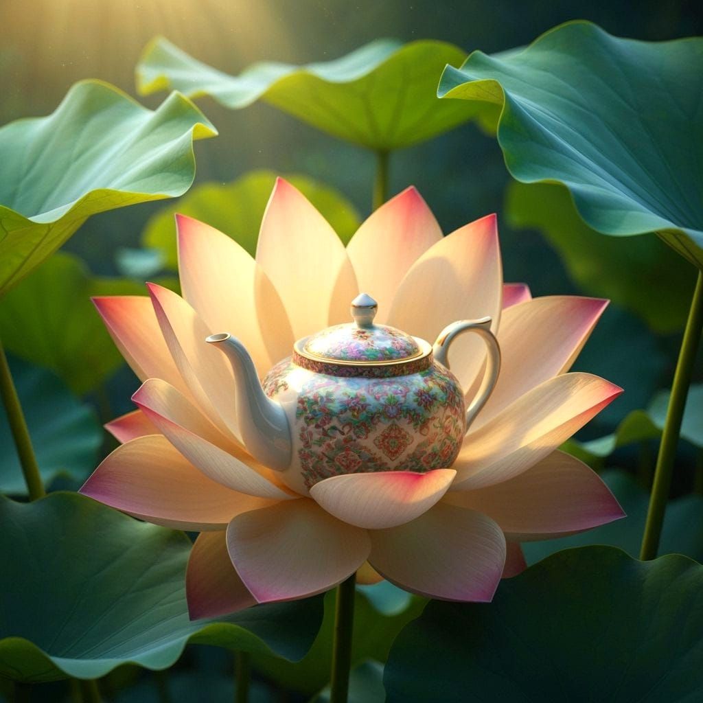 Teapot Glowing Inside a Sparkling Blooming Flower