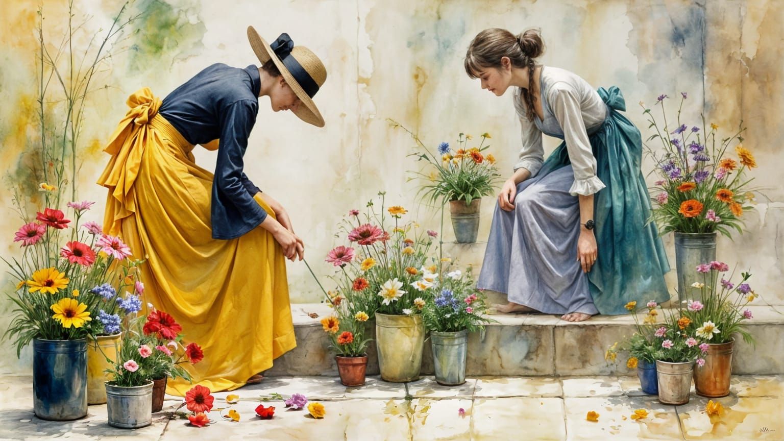 Women Tending Flowers in Watercolor Style