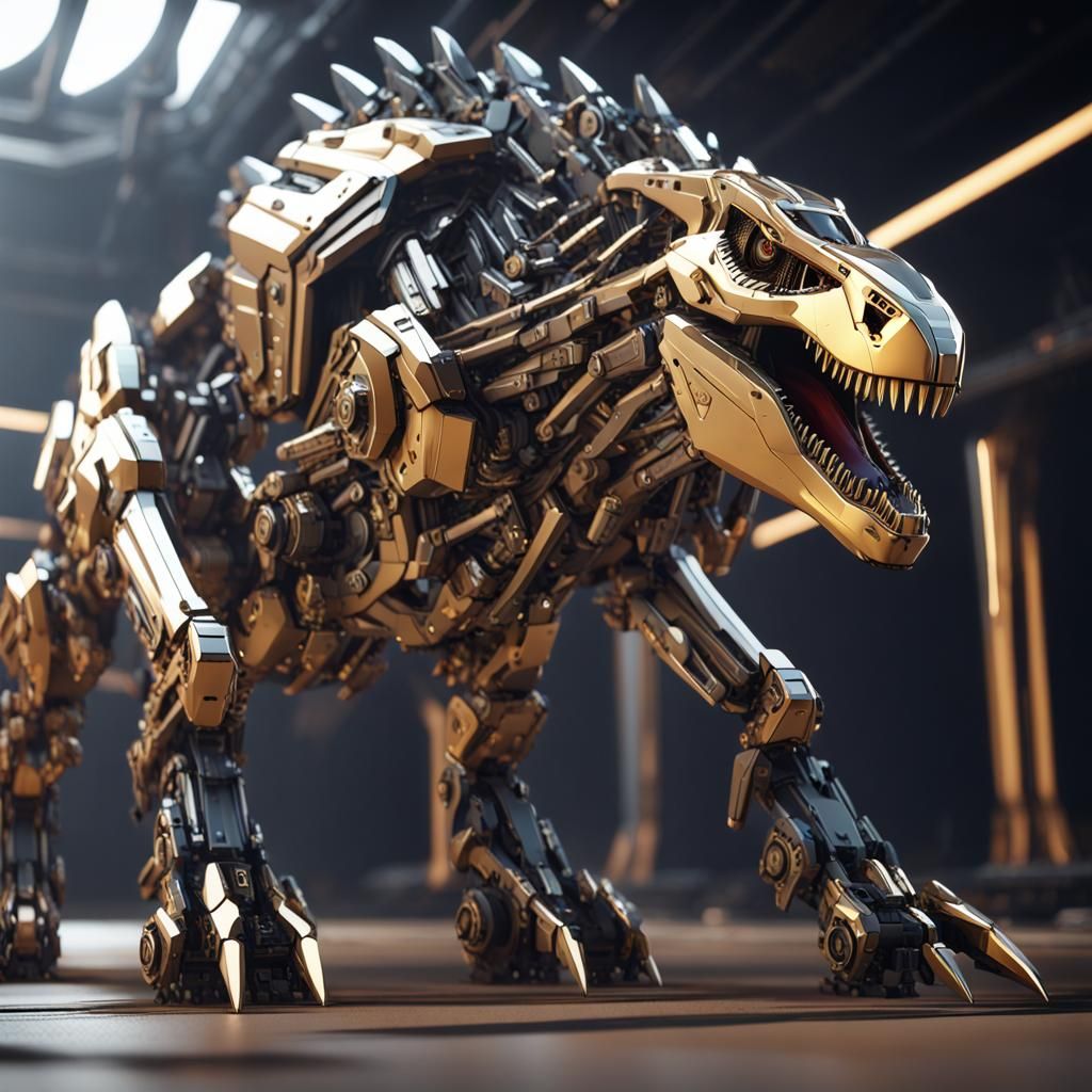 Golden Tyrannosaurus Mech with Guns in Sci-Fi Style