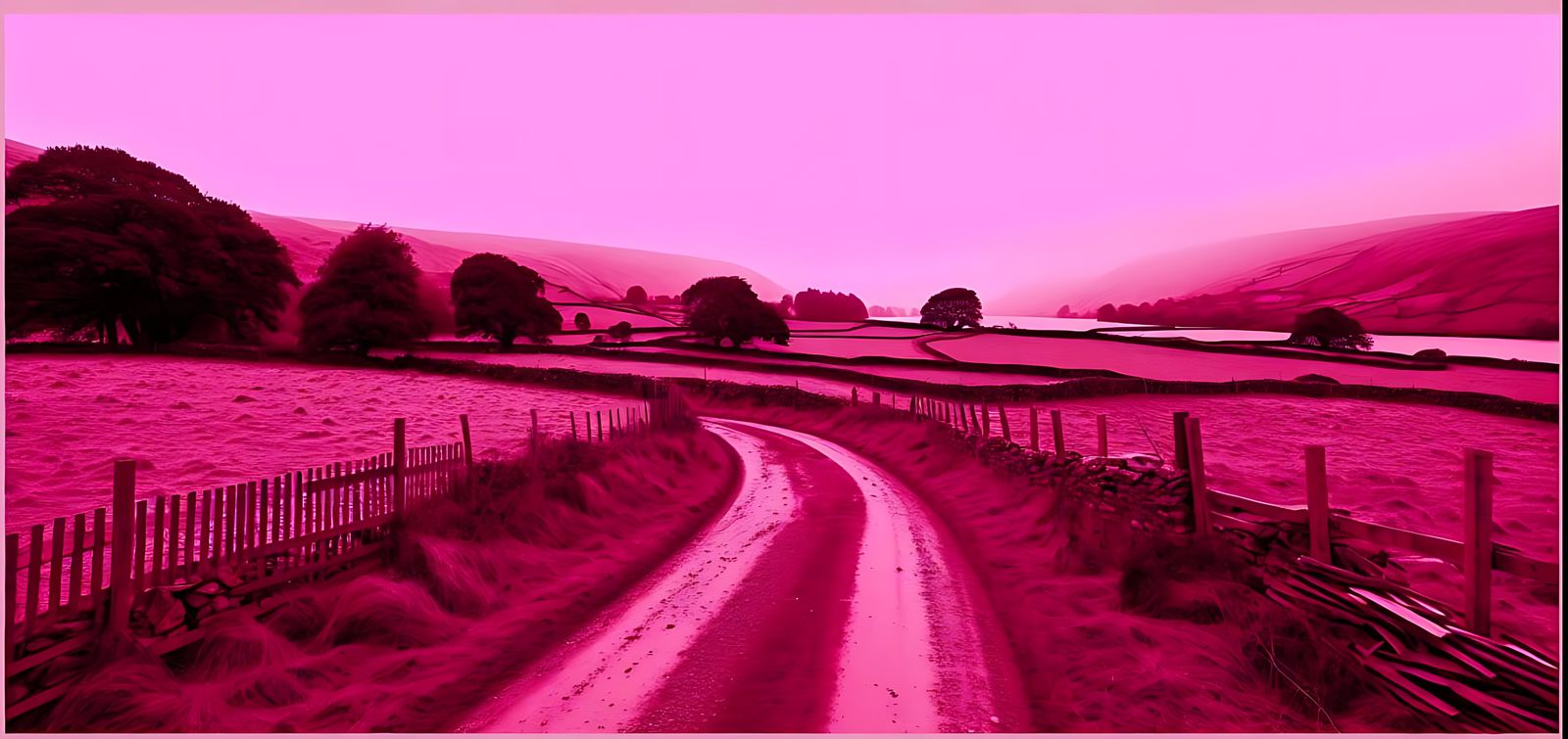 Show me a magenta monotone image of a long, winding, country road surfaced with red dust.