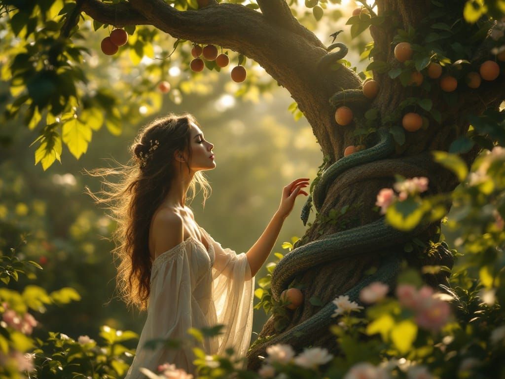 Eve Reaches for Forbidden Fruit Near Tree of Knowledge