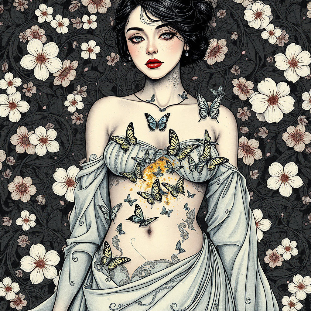 Ethereal Woman with Butterflies, Elaborate Ink Illustration