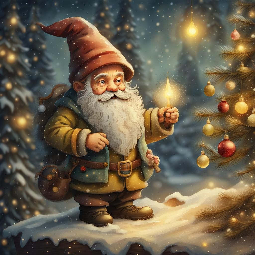 Surreal Christmas Gnome Captured in Whimsical Painting Style