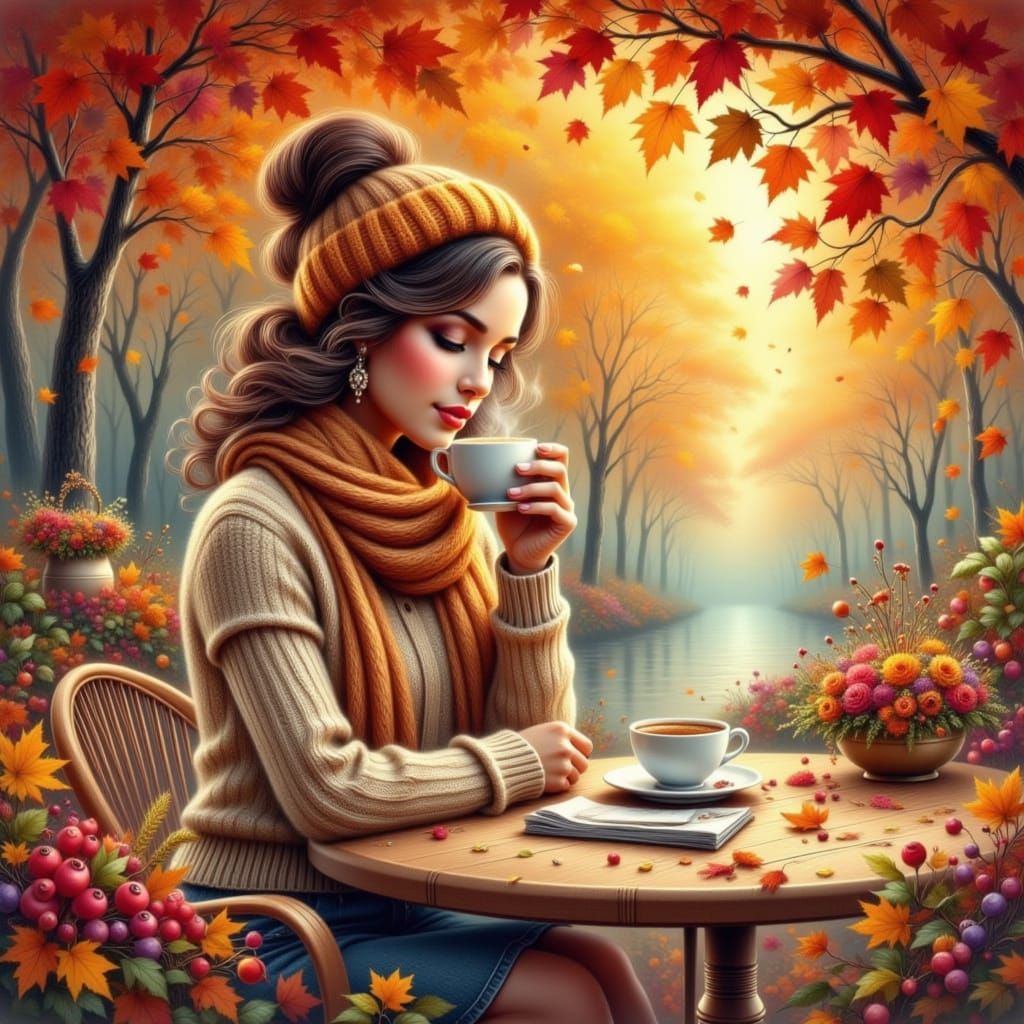 Retro Beauty Sipping Coffee Under Autumn Canopy