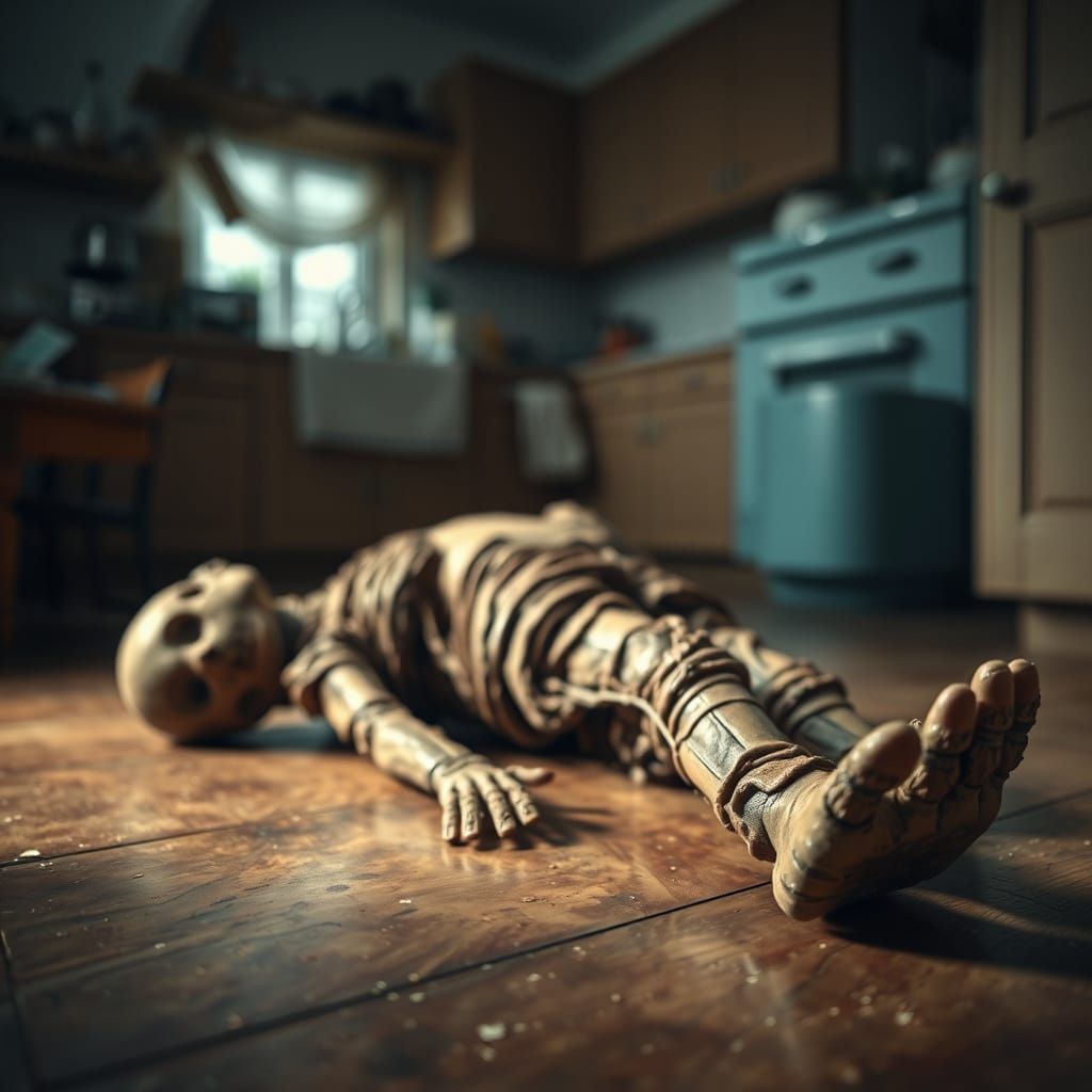 Mummified Figure on Kitchen Floor in Moody Lighting