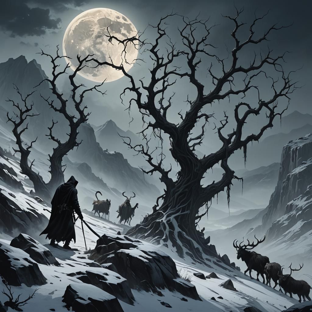 Defiled Reaper in Snowy Mountains: Dark Fantasy Illustration