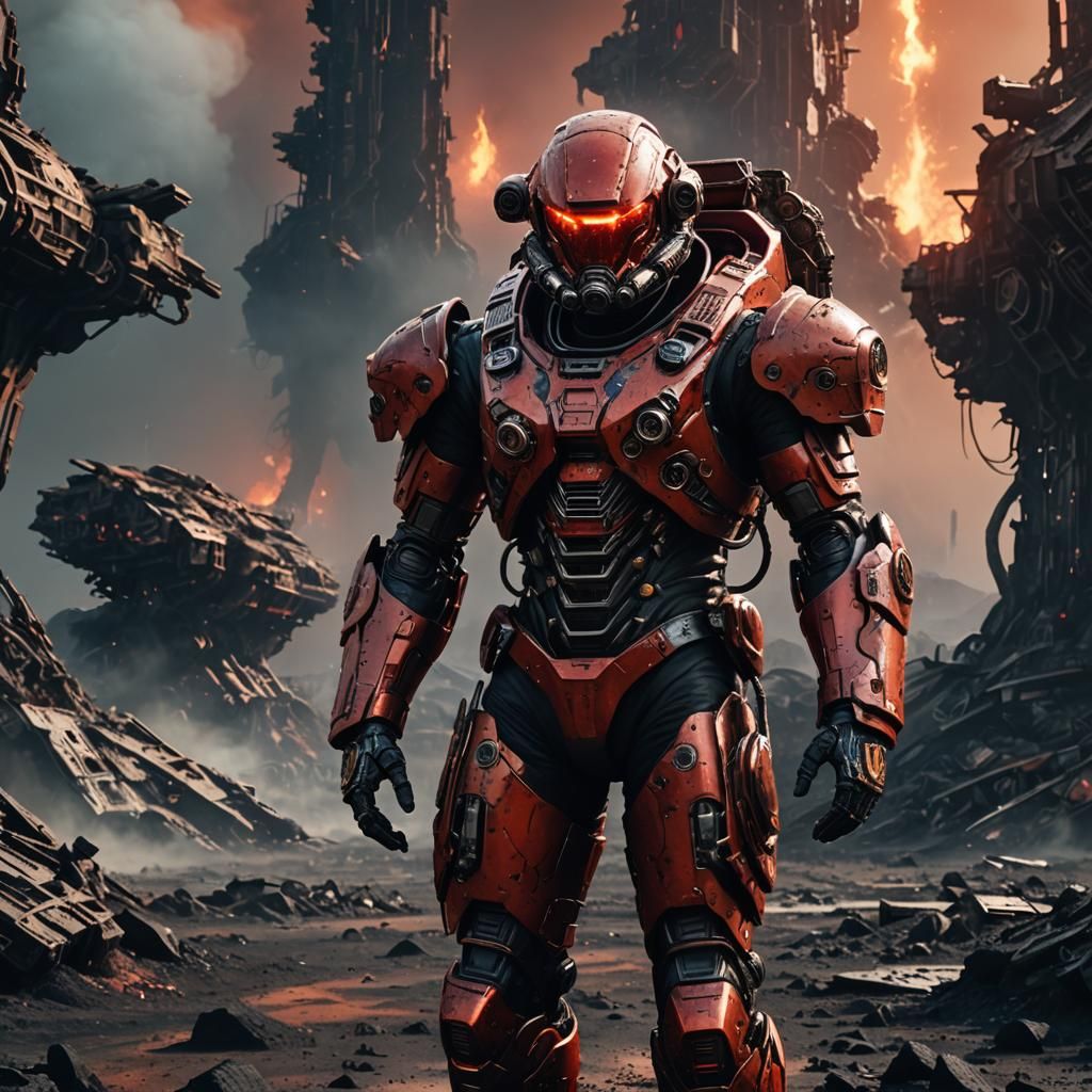 Biomechanical Astronaut in Red Armor on Black Wasteland
