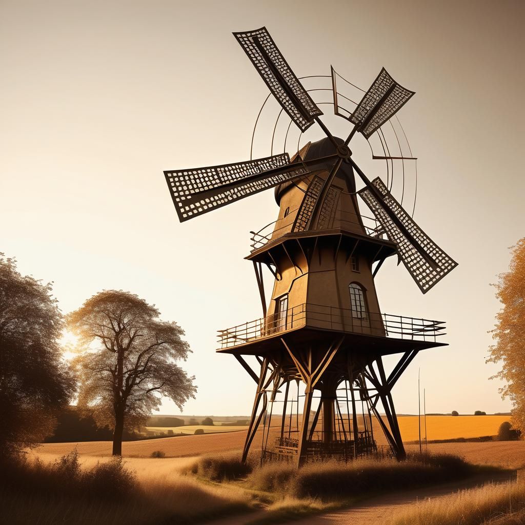 Art Nouveau Windmill in Sepia Tone