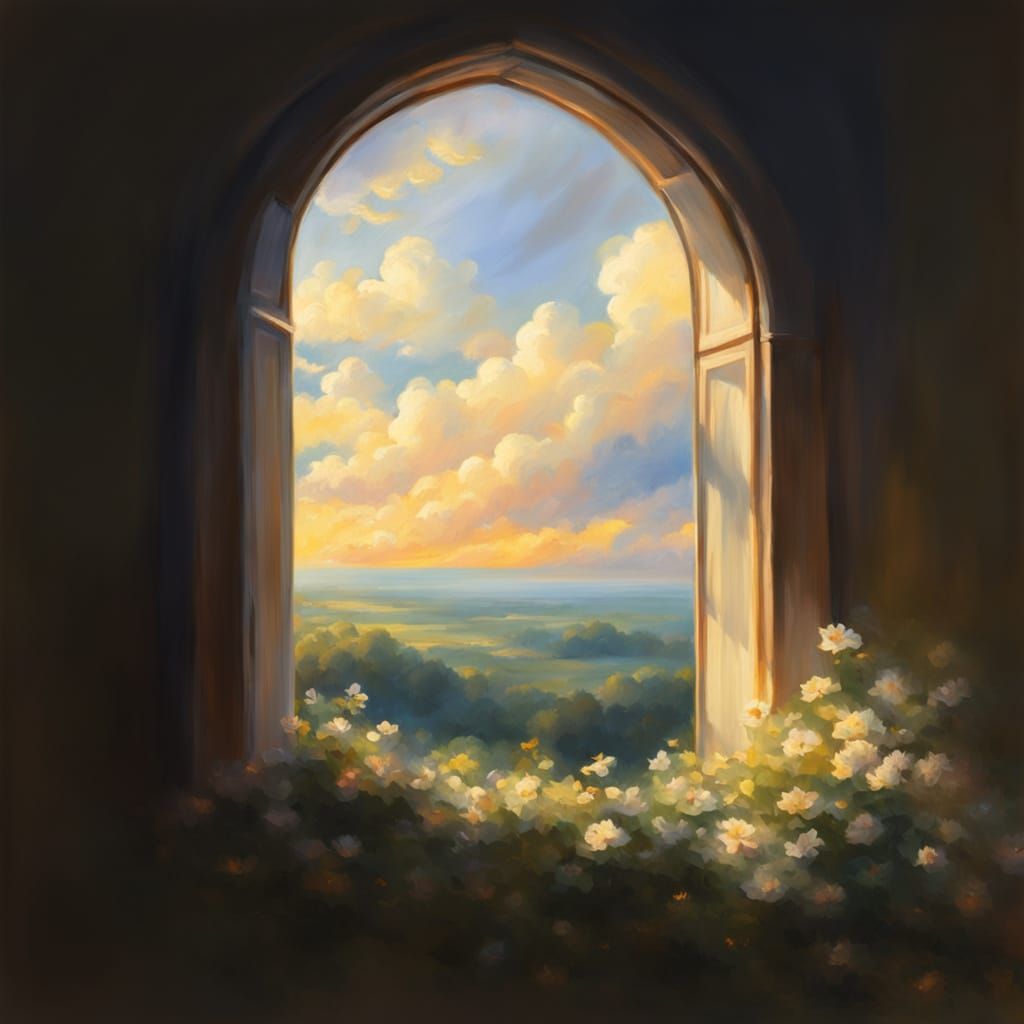 Impressionist Window with Golden Light and Clouds