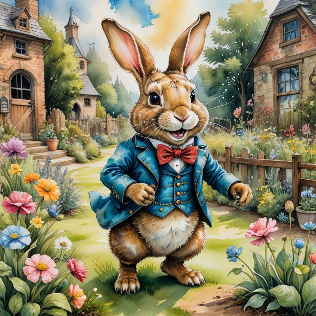 Steampunk Bunny in Watercolor Garden Escape