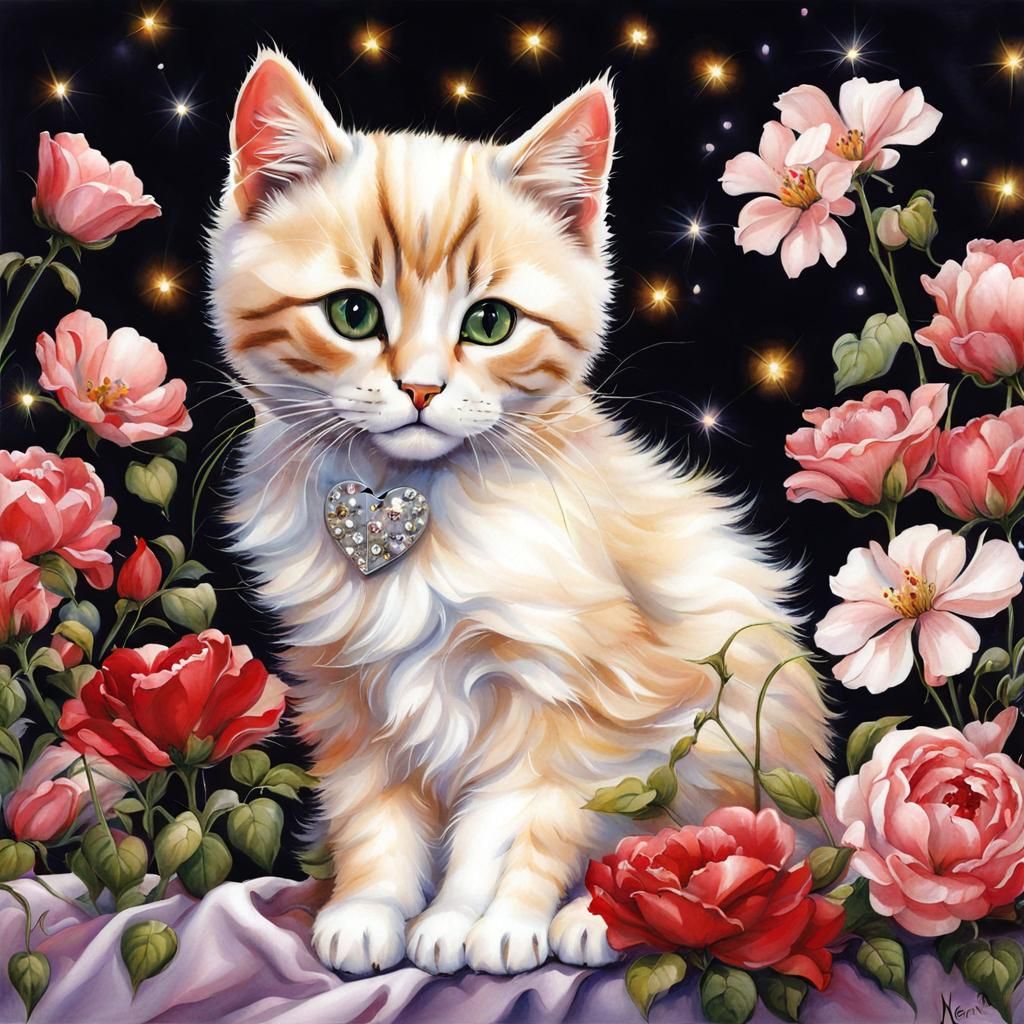 Cute Cat Surrounded by Flowers in Fantasy Style