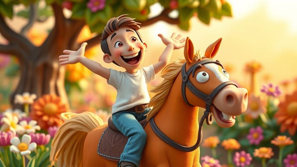 Joyful Claymation Boy Rides Gumby's Horse Amidst Whimsical L...