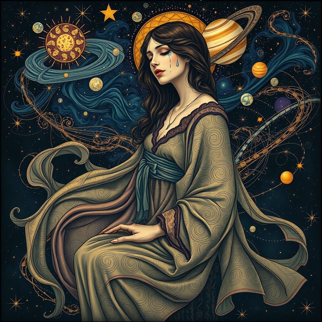 A Dreamlike Art Nouveau Woman in a Celestial Expanse