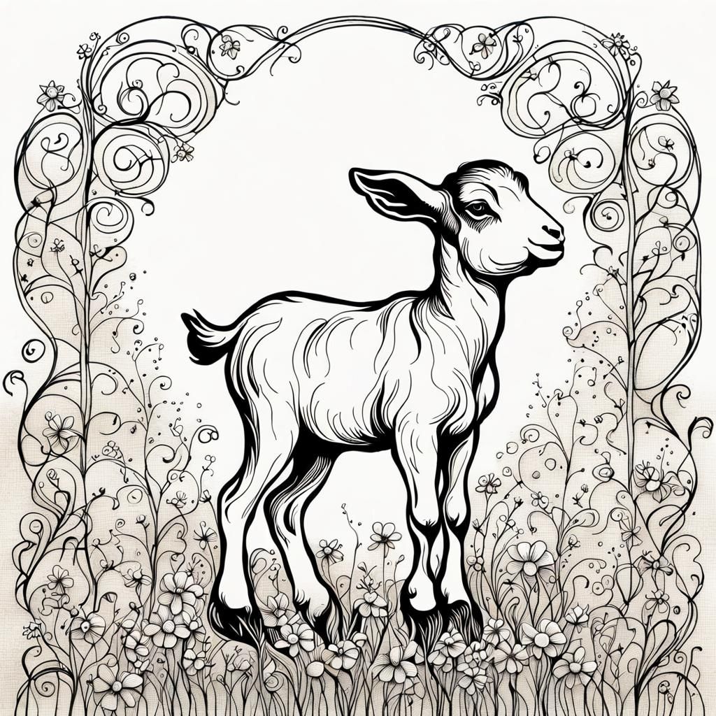 Baby Goat in Flowery Field: Minimalist Ink Drawing