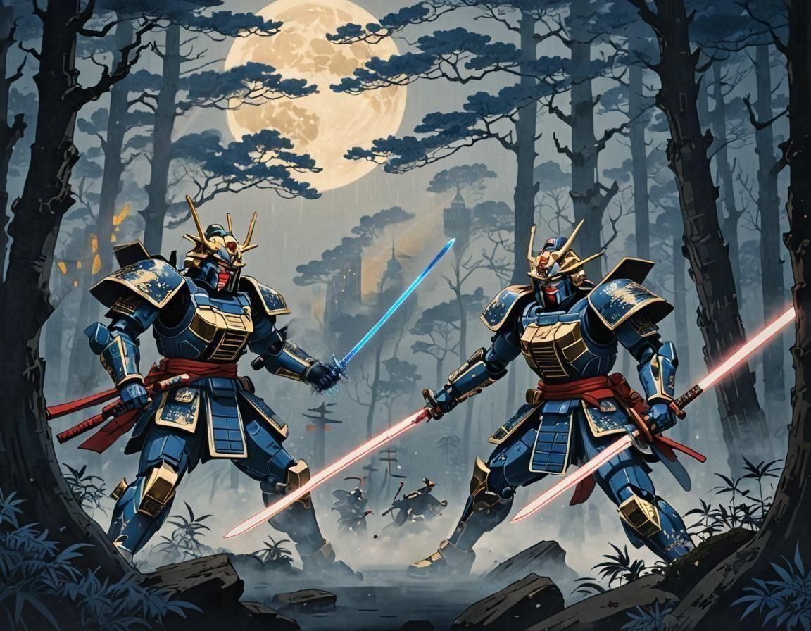 Gundams Clash: Ukiyo-e Style Robot Battle