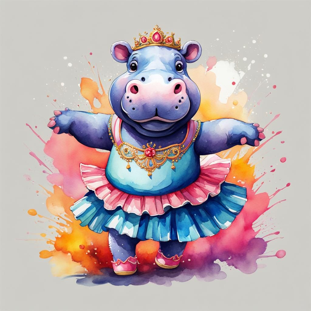 Ballerina Hippo in Watercolour Style