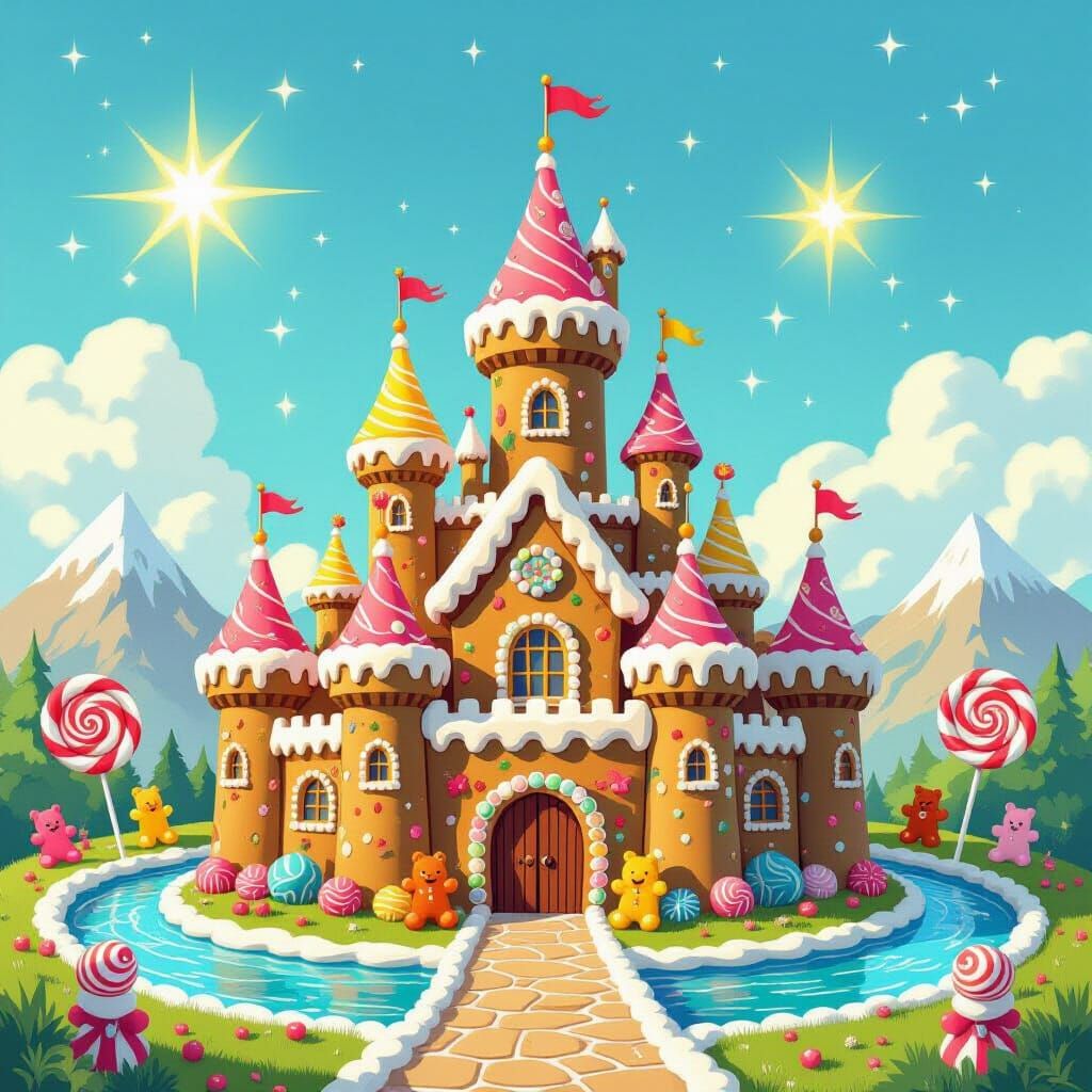 Gingerbread Castle on Nougat Mountain with Lollipop Turrets