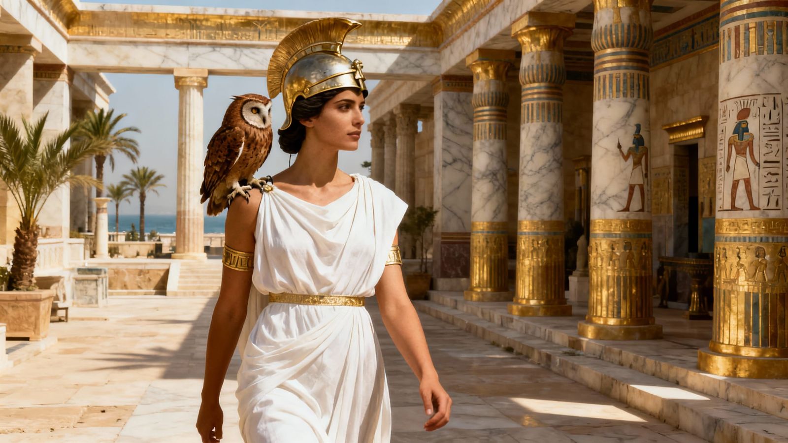 Athena in Alexandria's Palace with Owl, Photorealistic