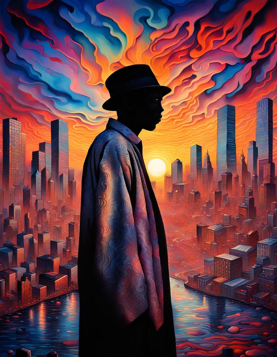 Blind Poet in Surreal Neon Cityscape