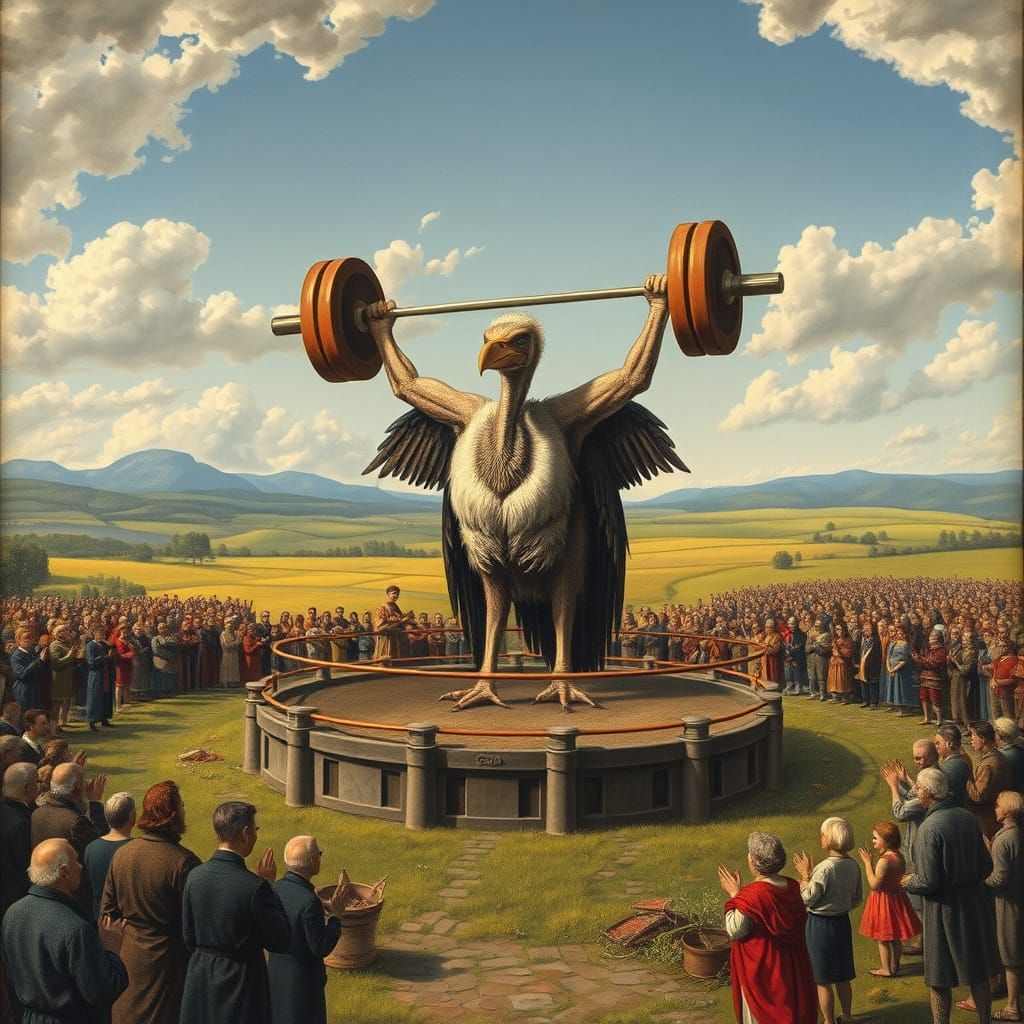 Alien Vulture Lifts Weights in Ancient Ring, Durer Style